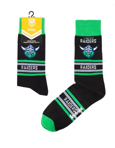 [9358517032146] Foot-ies NRL Canberra Raiders Organic Cotton Socks Stripes Black/Green/Grey Size 8 to 13