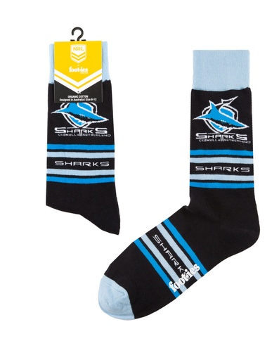 [9358517032160] Foot-ies NRL Cronulla Sutherland Sharks Organic Cotton Socks Stripes Black/Blue Size 8 to 13