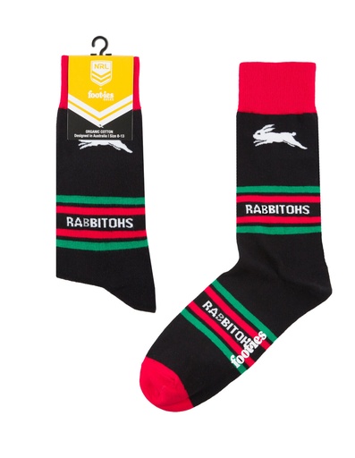 [9358517032252] Foot-ies NRL South Sydney Rabbitohs Organic Cotton Socks Stripes Black/Red/Green Size 8 to 13