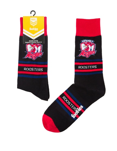 [9358517032276] Foot-ies NRL Sydney Roosters Organic Cotton Socks Stripes Black/Red/Blue Size 8 to 13