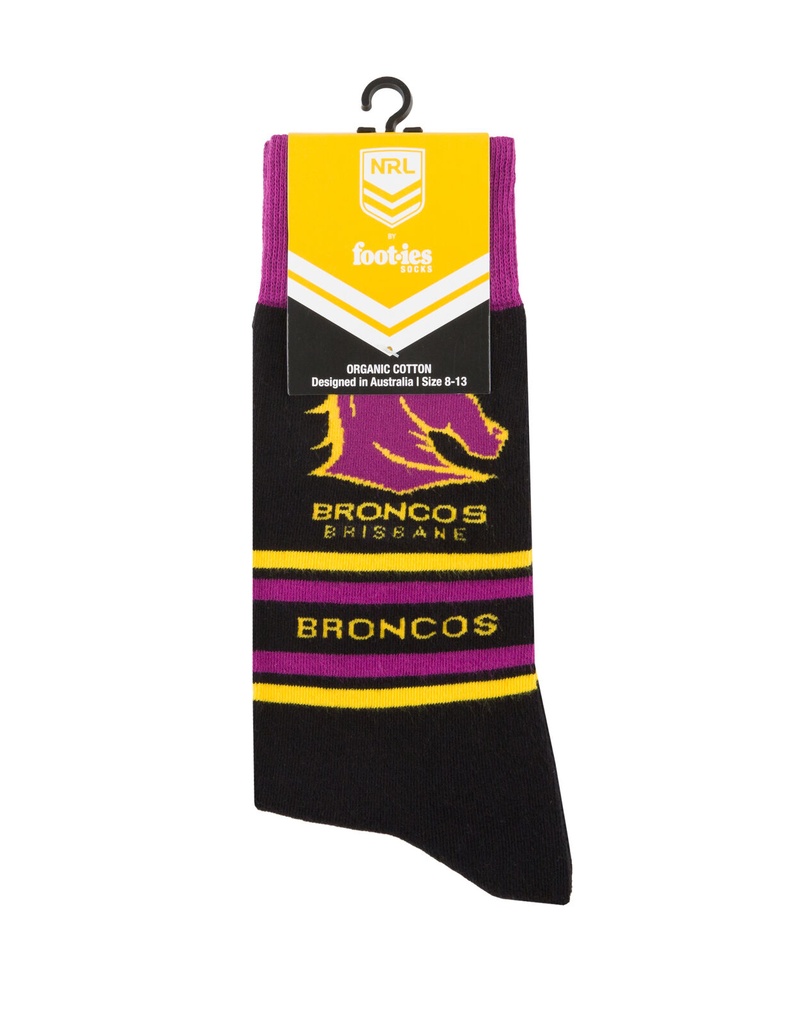 Foot-ies NRL Brisbane Broncos Organic Cotton Socks Stripes Black/Maroon/Yellow Size 8 to 13_14622