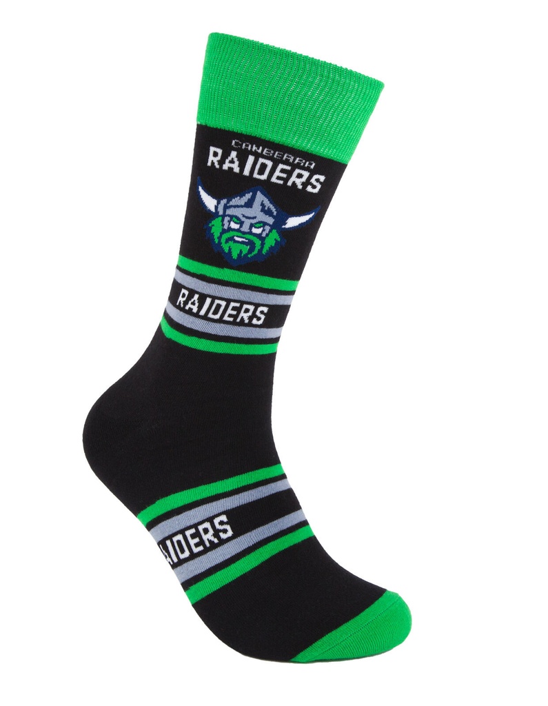Foot-ies NRL Canberra Raiders Organic Cotton Socks Stripes Black/Green/Grey Size 8 to 13_14625