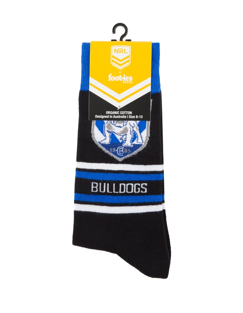 Foot-ies NRL Canterbury Bulldogs Organic Cotton Socks Stripes Black/Blue/White Size 8 to 13_14626