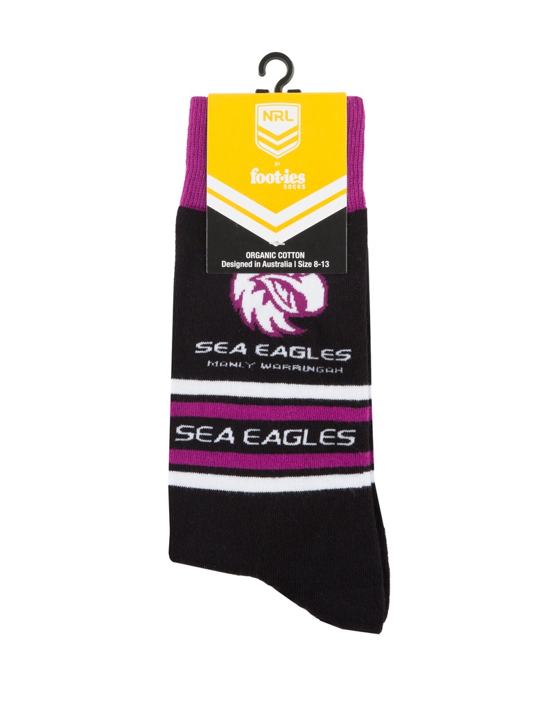 Foot-ies NRL Manly Sea Eagles Organic Cotton Socks Stripes Black/Maroon/White Size 8 to 13_14630