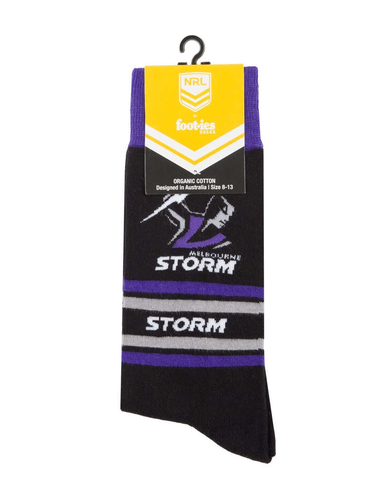 Foot-ies NRL Melbourne Storm Organic Cotton Socks Stripes Black/Purple/Grey Size 8 to 13_14632