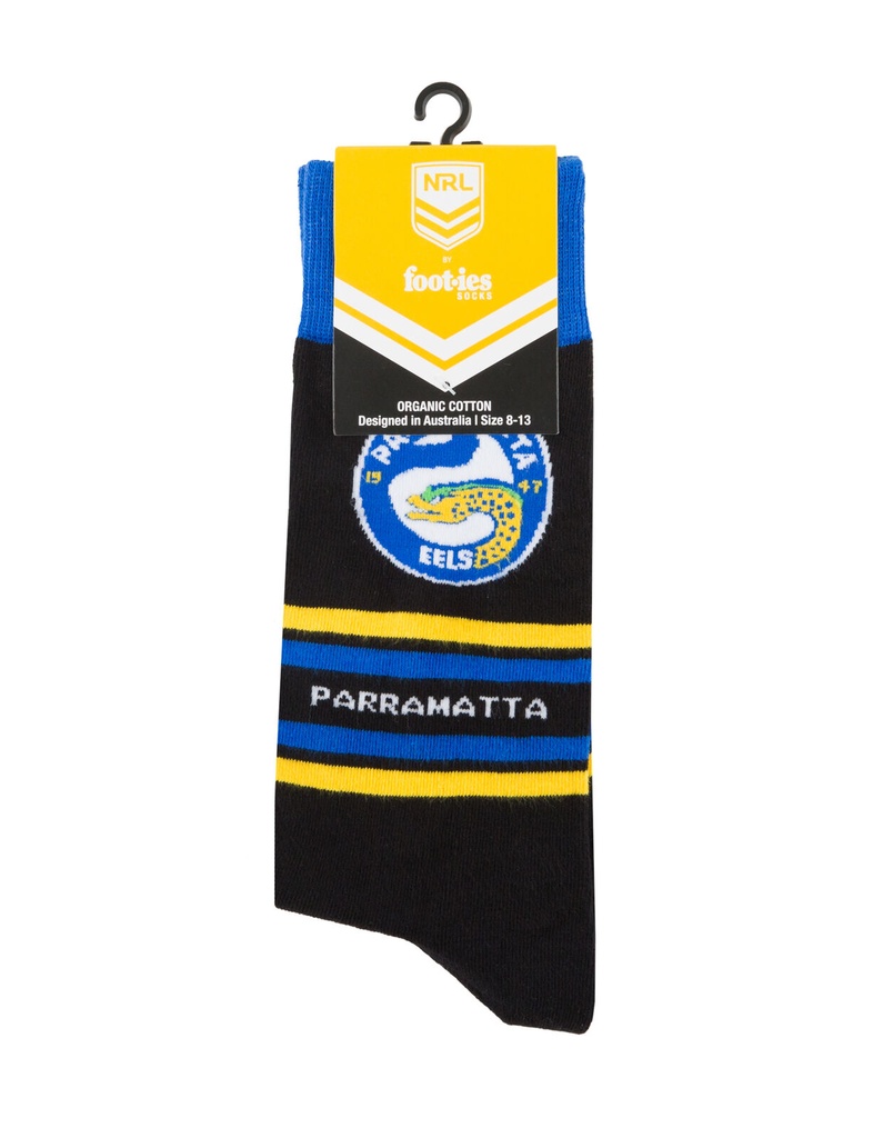 Foot-ies NRL Parramatta Eels Organic Cotton Socks Stripes Black/Blue/Yellow Size 8 to 13_14636