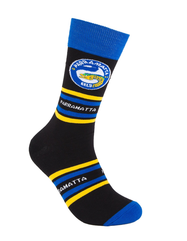 Foot-ies NRL Parramatta Eels Organic Cotton Socks Stripes Black/Blue/Yellow Size 8 to 13_14637