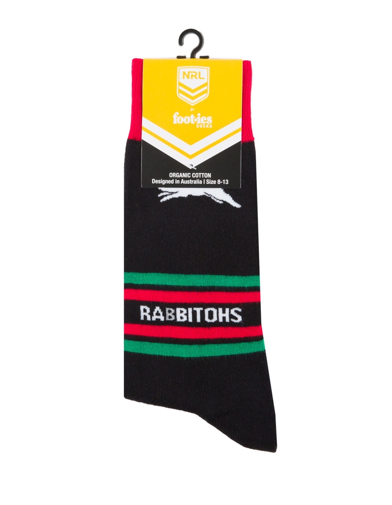 Foot-ies NRL South Sydney Rabbitohs Organic Cotton Socks Stripes Black/Red/Green Size 8 to 13_14640