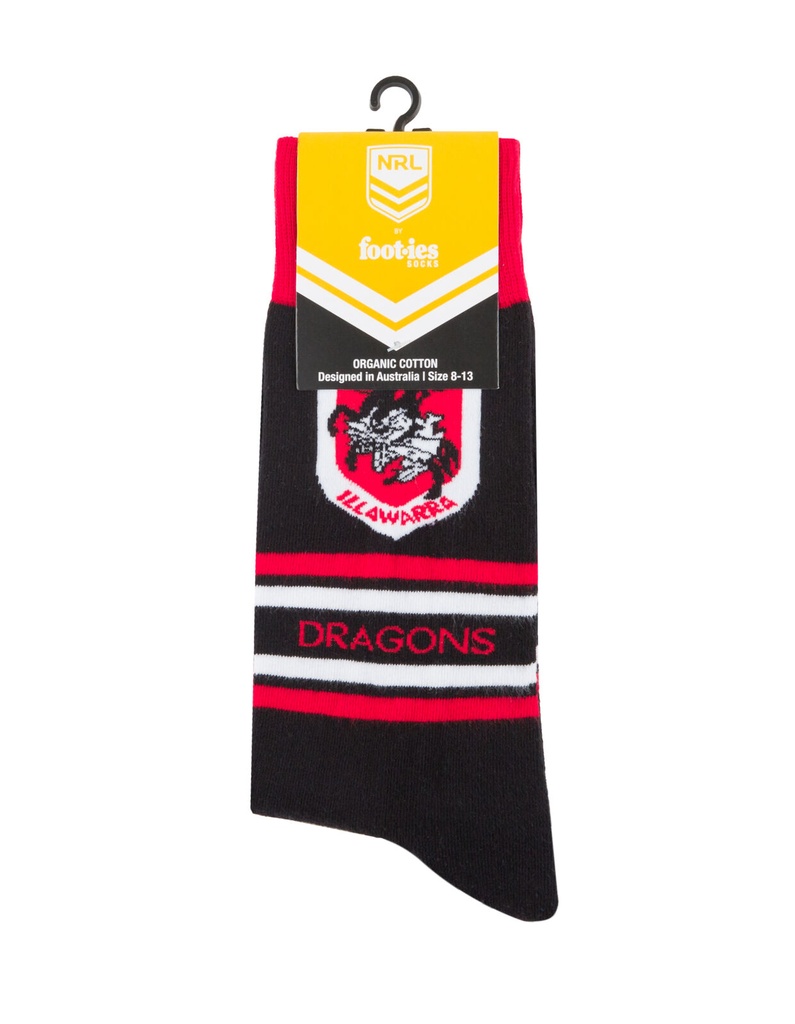 Foot-ies NRL St George Illawarra Organic Cotton Socks Stripes Black/Red/White Size 8 to 13_14642