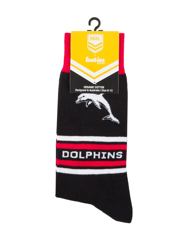 Foot-ies NRL The Dolphins Organic Cotton Socks Stripes Black/Red/White Size 8 to 13_14646