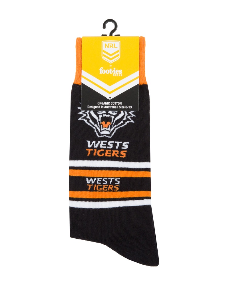 Foot-ies NRL Wests Tigers Organic Cotton Socks Stripes Black/White/Orange Size 8 to 13_14648