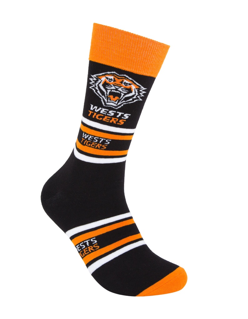Foot-ies NRL Wests Tigers Organic Cotton Socks Stripes Black/White/Orange Size 8 to 13_14649