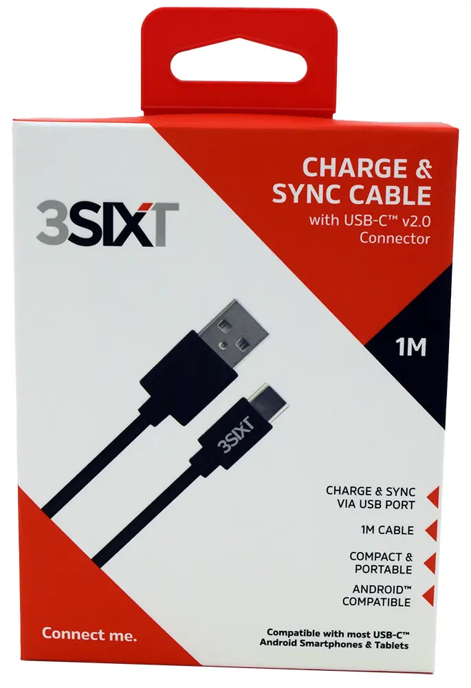 3SIXT - 3SIXT Charge & Sync Cable with USB-C Connector | Black | 1m