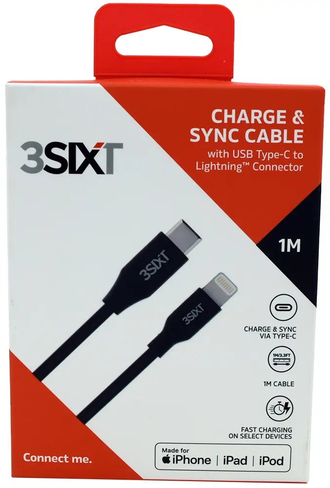 3SIXT Charge & Sync Cable with USB-C to Lightning Connector | Black | 1m_1800
