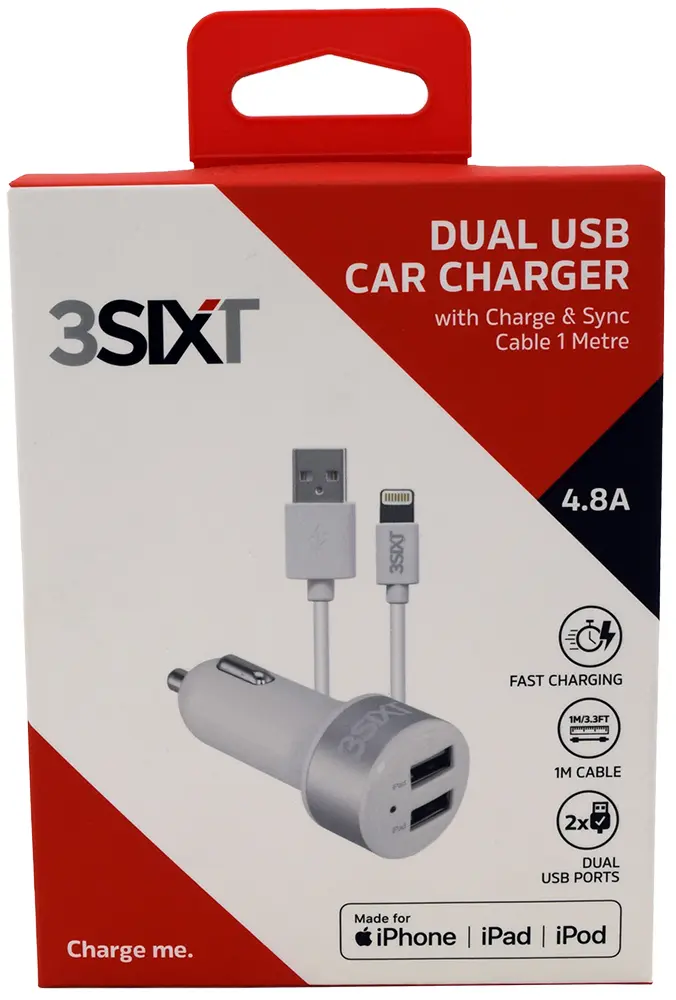 3SIXT - 3SIXT Dual USB Car Charger with Lightning Charger & Sync Cable | White | 1m | 4.8A