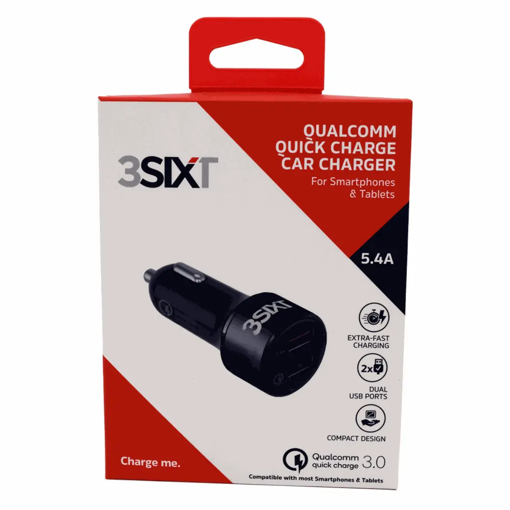 3SIXT - 3SIXT Qualcomm Quick Charge 3.0 Car Charger Dual Port | Black | 5.4A