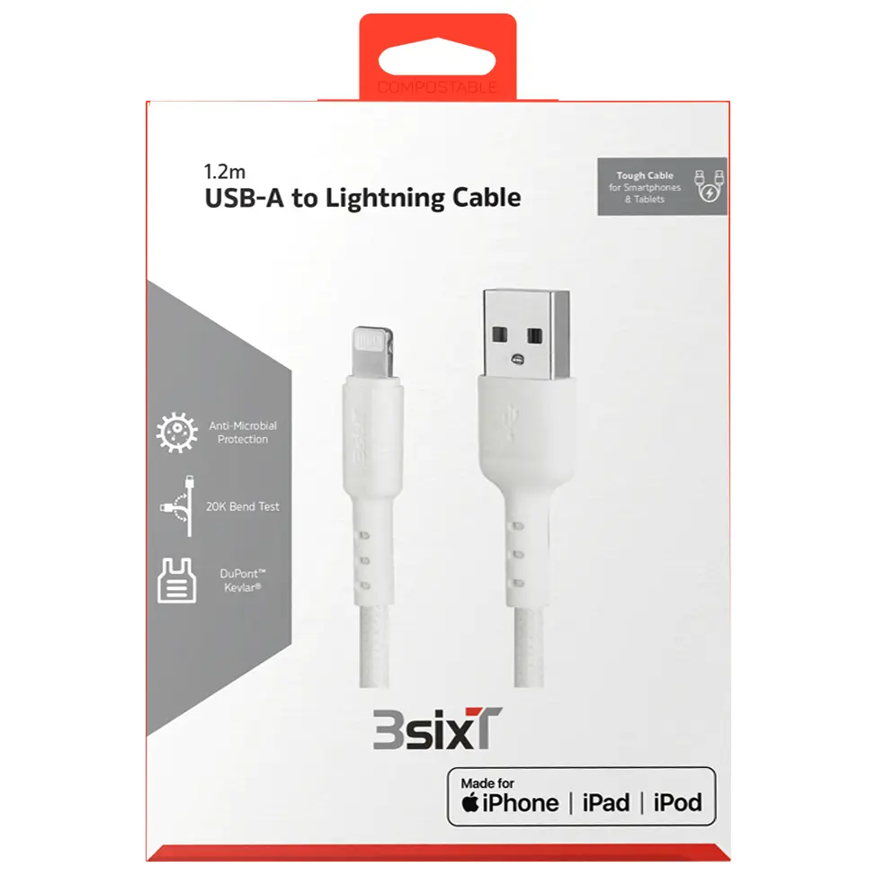 3SIXT Tough USB-A to Lightning Cable | White | 1.2m_1813