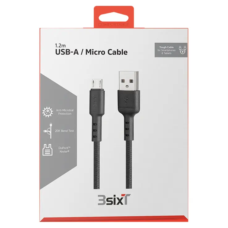 3SIXT - 3SIXT Tough USB-A to Micro USB Cable | Black | 1.2m