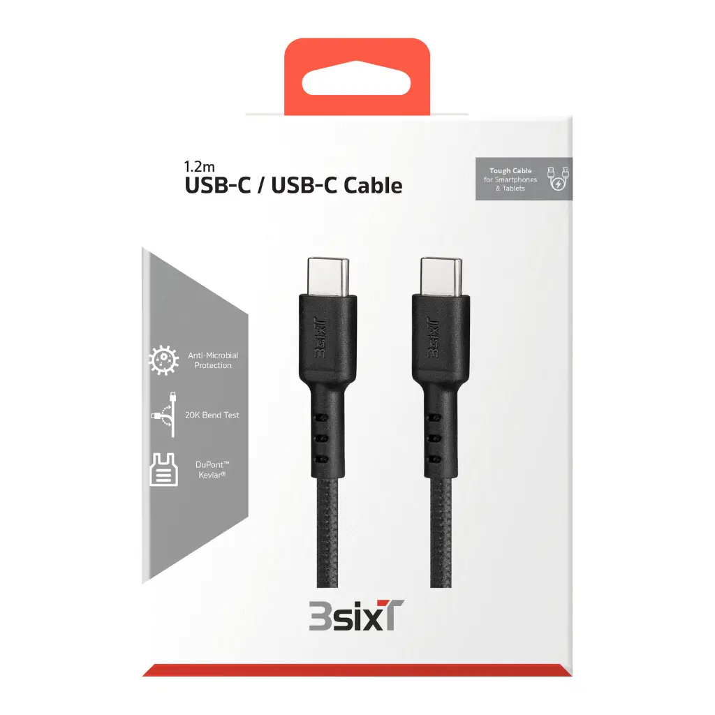 3SIXT - 3SIXT Tough USB-C to USB-C Cable | Black | 1.2m