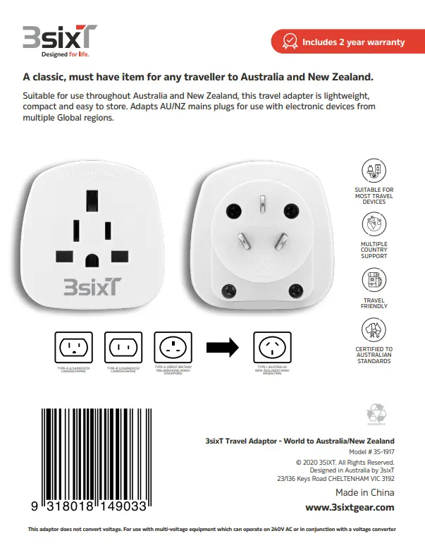 3SIXT Travel Adaptor World to AUS/NZ | White_1824