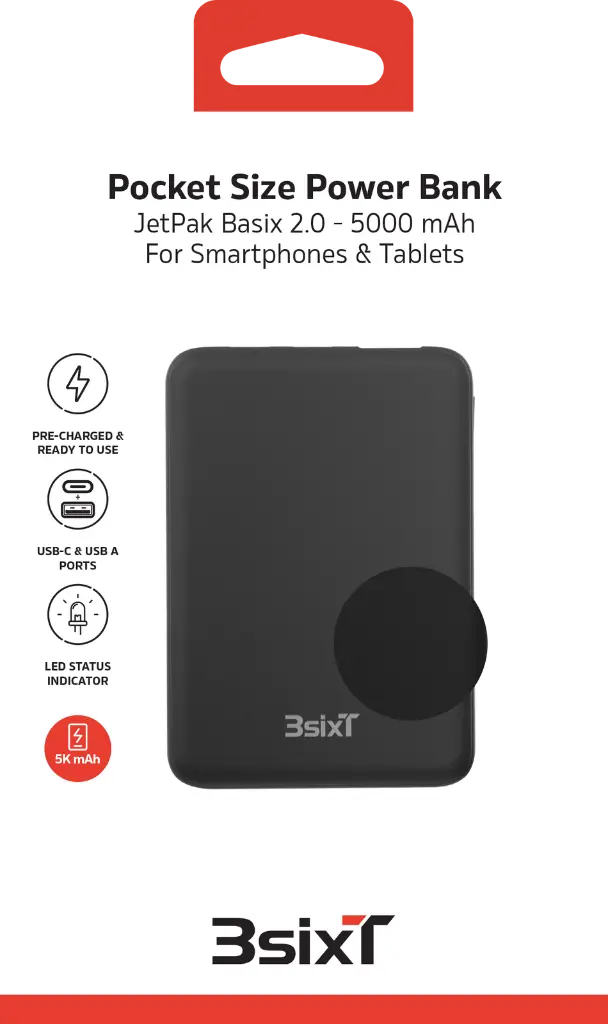 3SIXT - 3SIXT JetPak Basix 2.0 Power Bank | Black | 5000 mAh