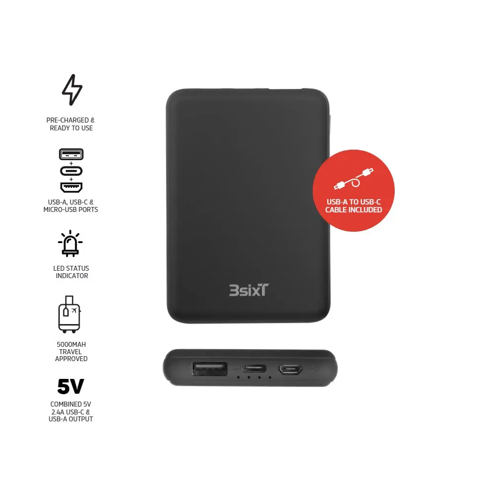 3SIXT - 3SIXT JetPak Basix 2.0 Power Bank | Black | 5000 mAh
