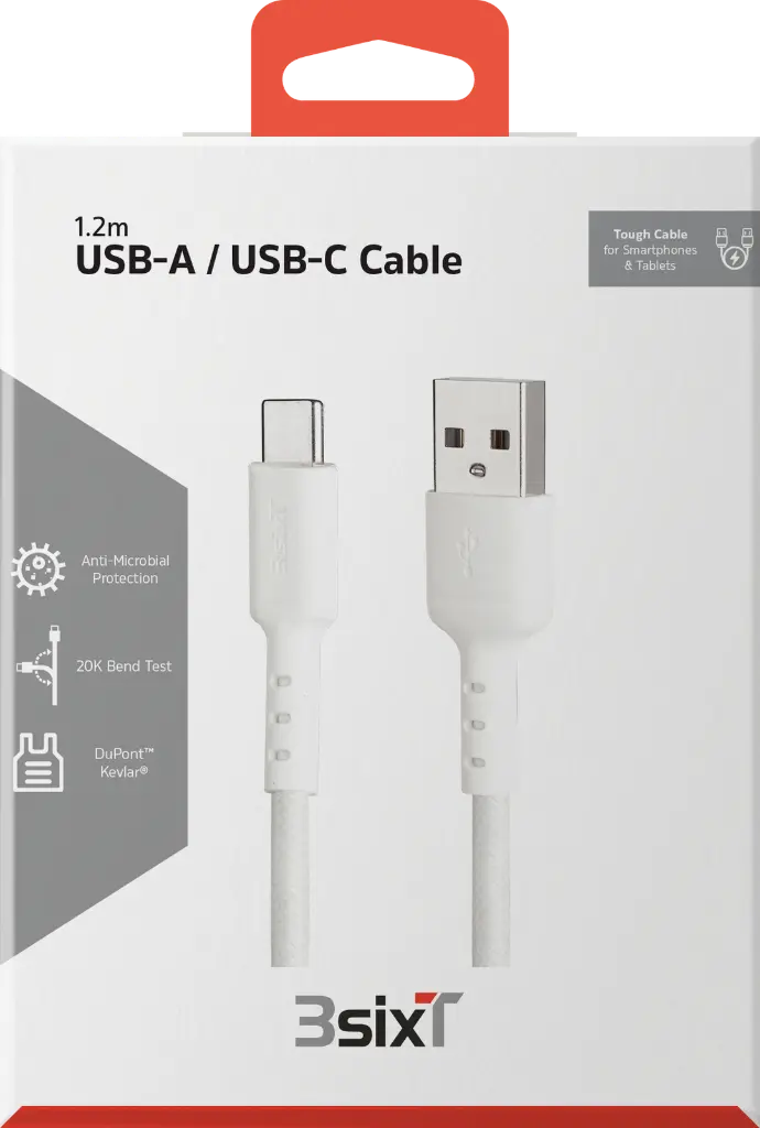 3SIXT Tough USB-A to USB-C (V2.0) Cable | White | 1.2m_1852