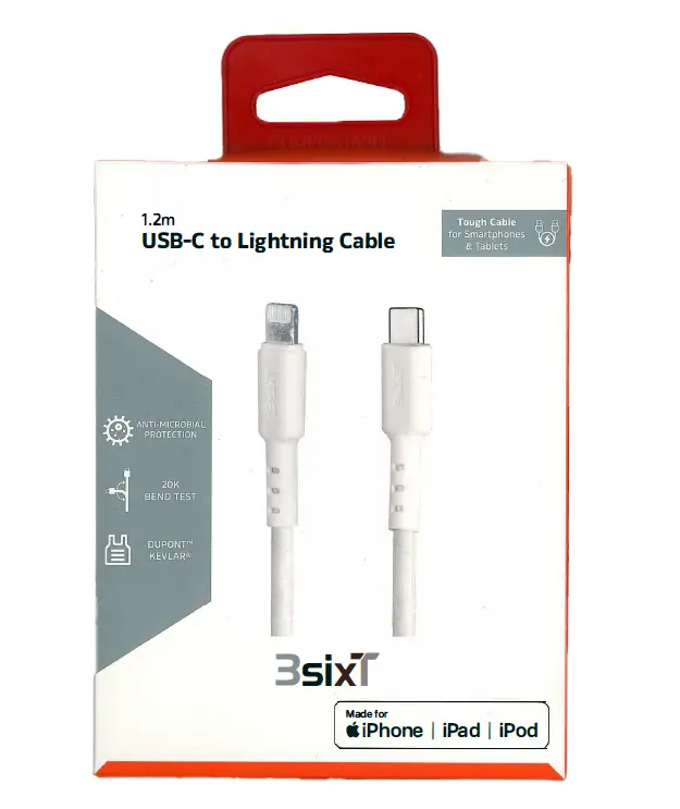 3SIXT Tough USB-C to Lightning Cable | White | 1.2m_1854
