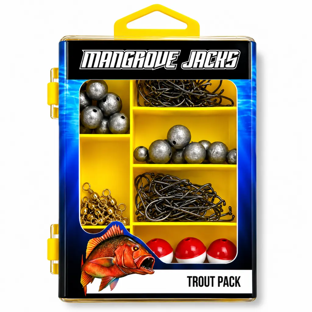 Mangrove Jacks - Mangrove Jacks Trout Fishing Pack | Hooks, Swivels, Floats, and Sinkers in Tackle Box