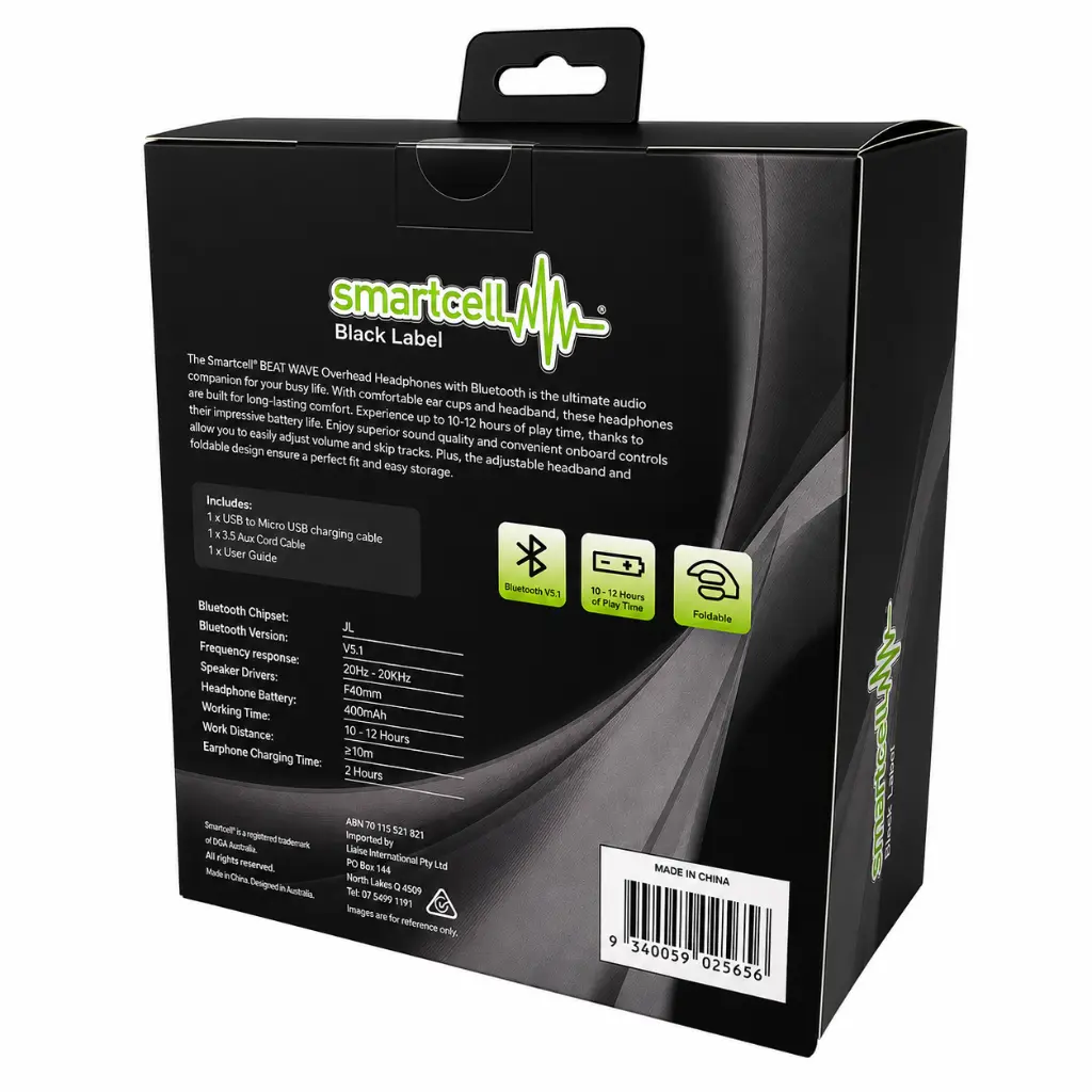 Smartcell - Smartcell Black Beat Wave Bluetooth Overhead Headphones