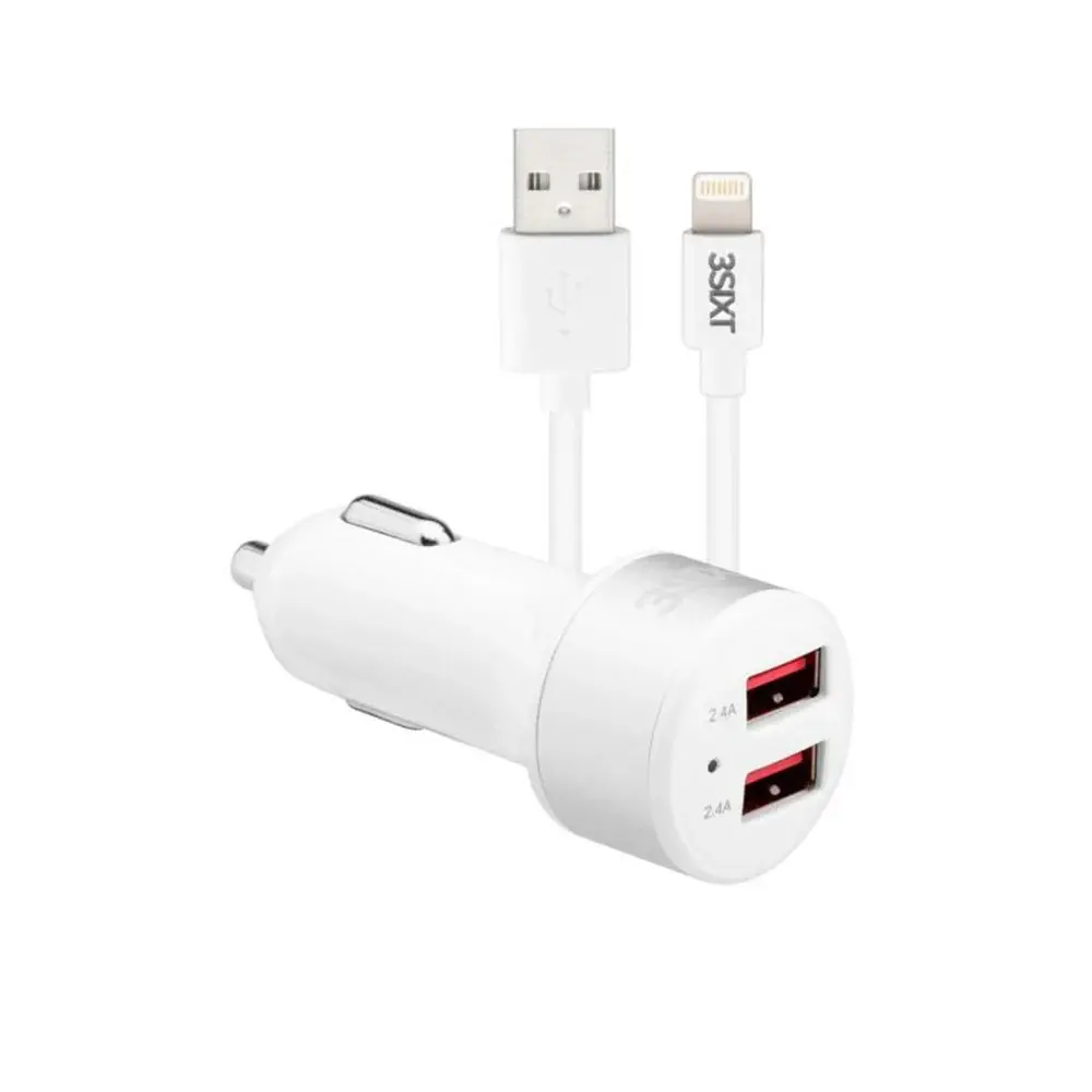 3SIXT - 3SIXT Dual USB Car Charger with Lightning Charger & Sync Cable | White | 1m | 4.8A