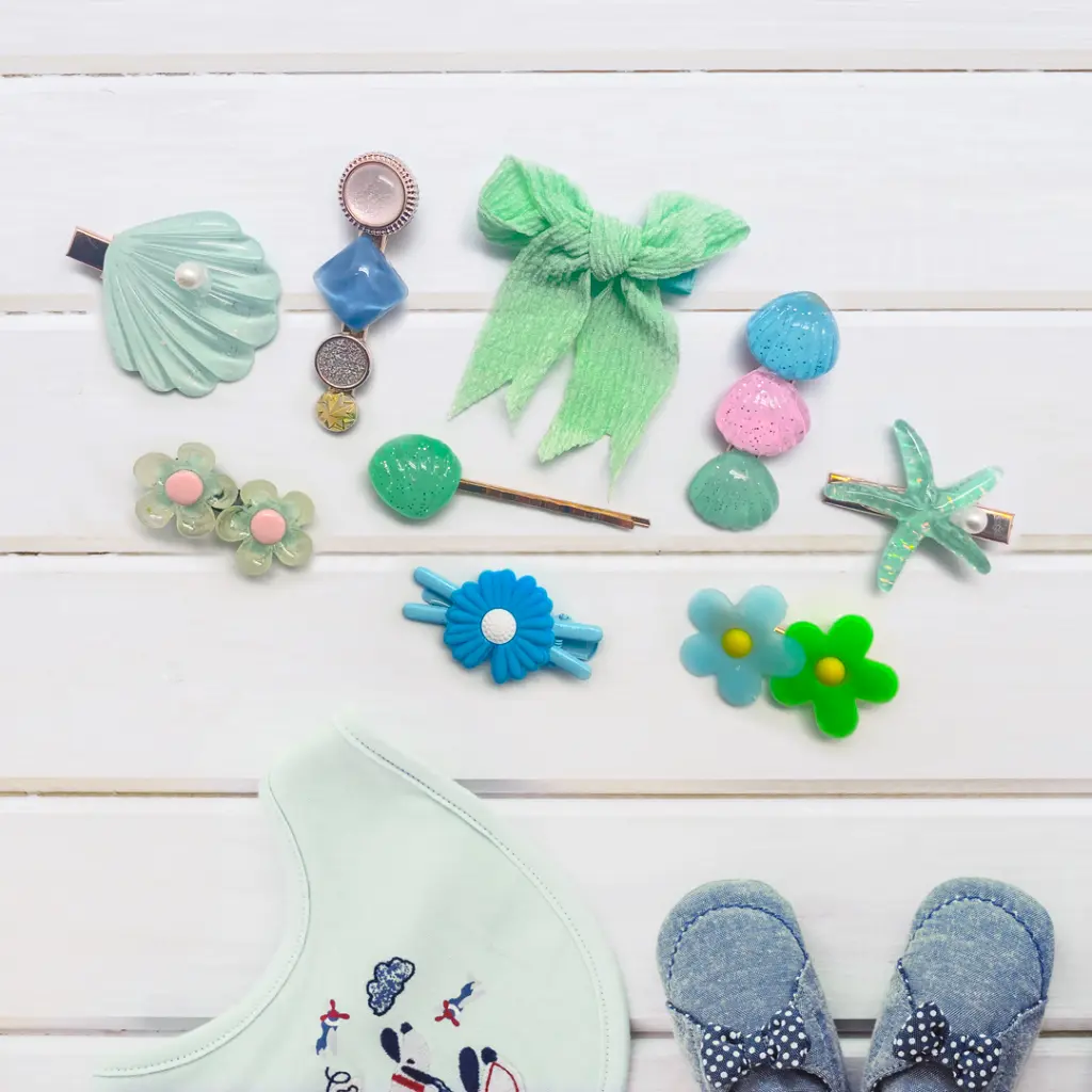 Kids Hair Clips Green Shells (9 pcs)_771