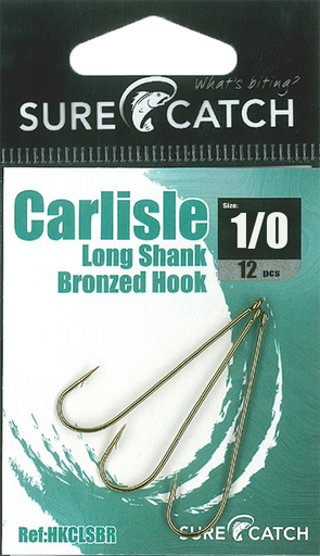 [8887113053169] SureCatch Carlisle Long Shank Bronze Hooks | Size 1/0 | 12 Pack