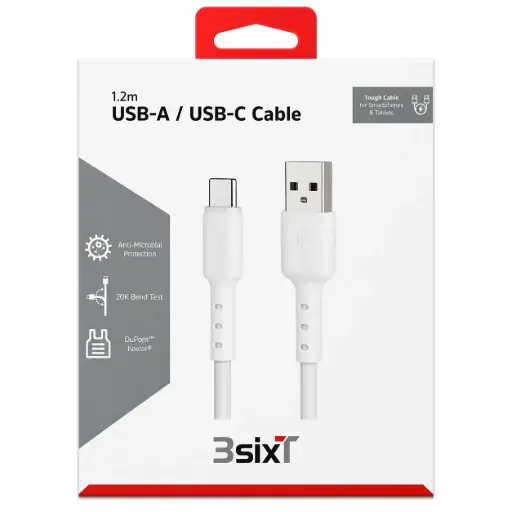 [9318018149286] 3SIXT Tough USB-A to USB-C (V2.0) Cable | White | 1.2m