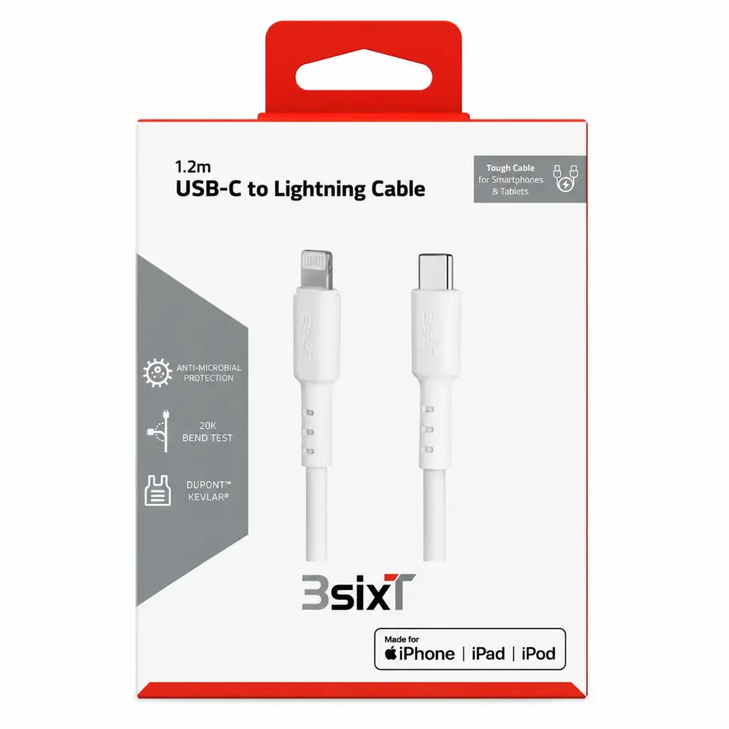 3SIXT Tough USB-C to Lightning Cable | White | 1.2m