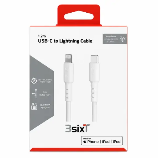[9318018149279] 3SIXT Tough USB-C to Lightning Cable | White | 1.2m