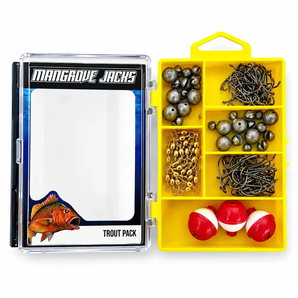 Mangrove Jacks Trout Fishing Pack | Hooks, Swivels, Floats, and Sinkers in Tackle Box