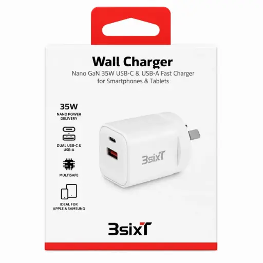 [9318018161912] 3SIXT Wall Charger GaN USB-C + USB-A | White | 35W