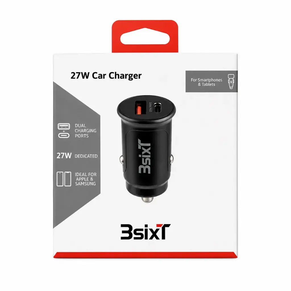 3SIXT Car Charger USB-C + USB-A QC 2.0 | Black | 27W