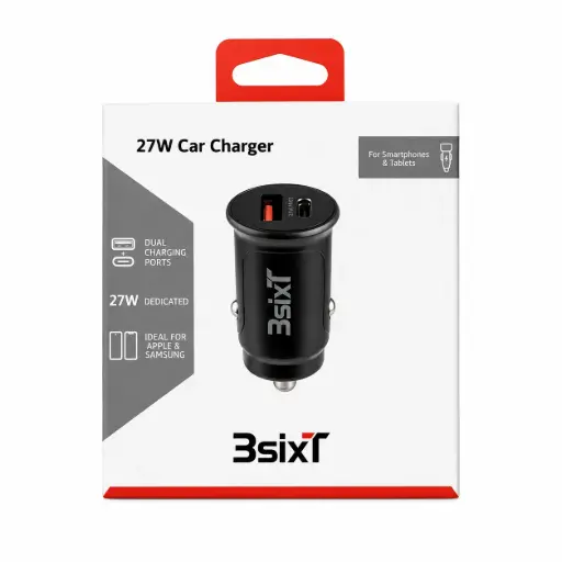 [9318018153467] 3SIXT Car Charger USB-C + USB-A QC 2.0 | Black | 27W