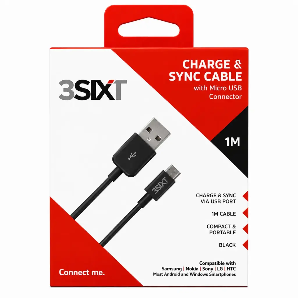 3SIXT Charge & Sync Cable with Micro USB Connector | Black | 1m