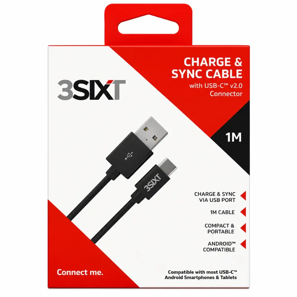 3SIXT Charge & Sync Cable with USB-C Connector | Black | 1m