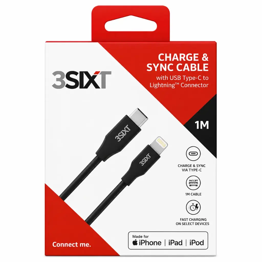 3SIXT Charge & Sync Cable with USB-C to Lightning Connector | Black | 1m