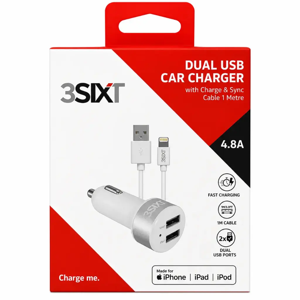 3SIXT Dual USB Car Charger with Lightning Charger & Sync Cable | White | 1m | 4.8A