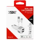 3SIXT Dual USB Car Charger with Lightning Charger & Sync Cable | White | 1m | 4.8A