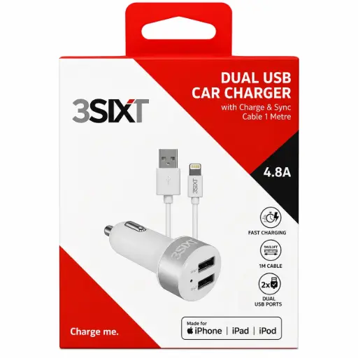 [9318018127734] 3SIXT Dual USB Car Charger with Lightning Charger & Sync Cable | White | 1m | 4.8A