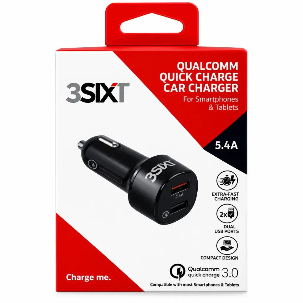 3SIXT Qualcomm Quick Charge 3.0 Car Charger Dual Port | Black | 5.4A