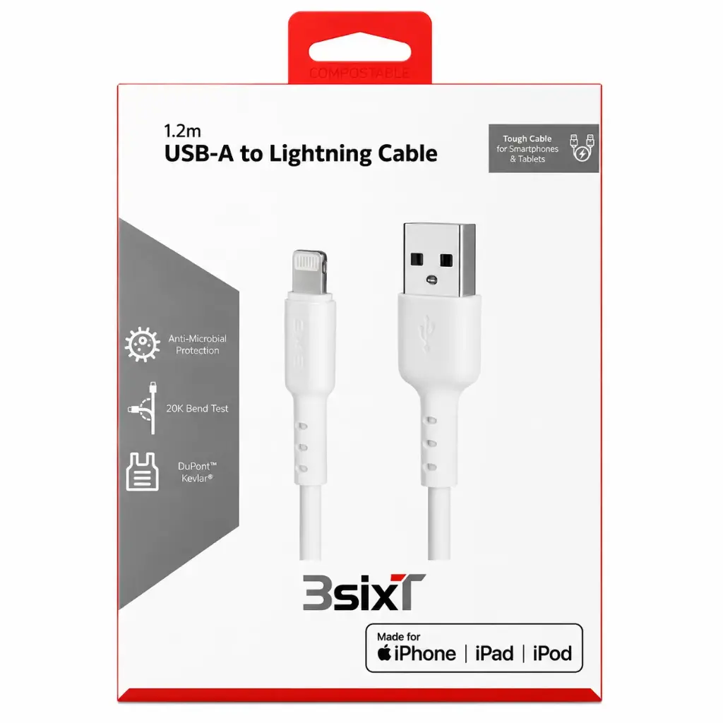 3SIXT Tough USB-A to Lightning Cable | White | 1.2m