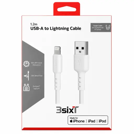 [9318018149262] 3SIXT Tough USB-A to Lightning Cable | White | 1.2m