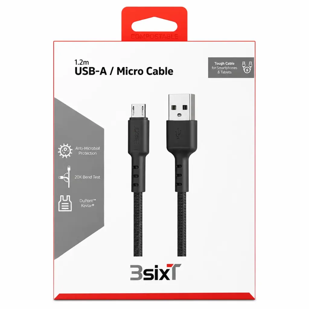 3SIXT Tough USB-A to Micro USB Cable | Black | 1.2m